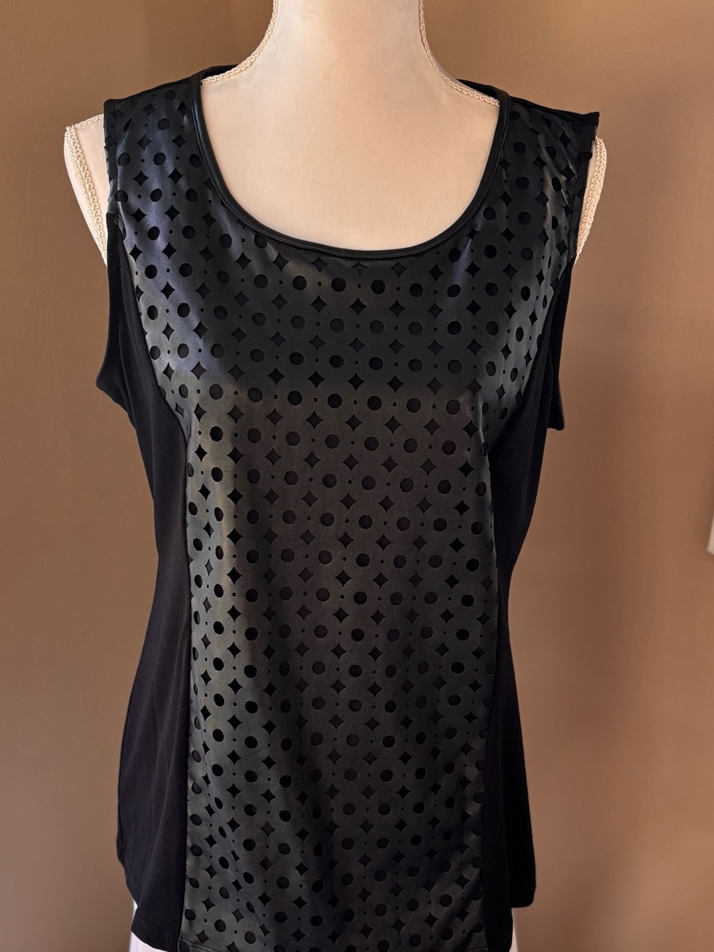 Alfani Black Lazer-cut Faux Leather Sleeveless Top L
